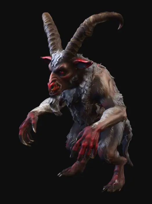 3D model for Krampus--a hunched goat-demon with curly horns and thick fur