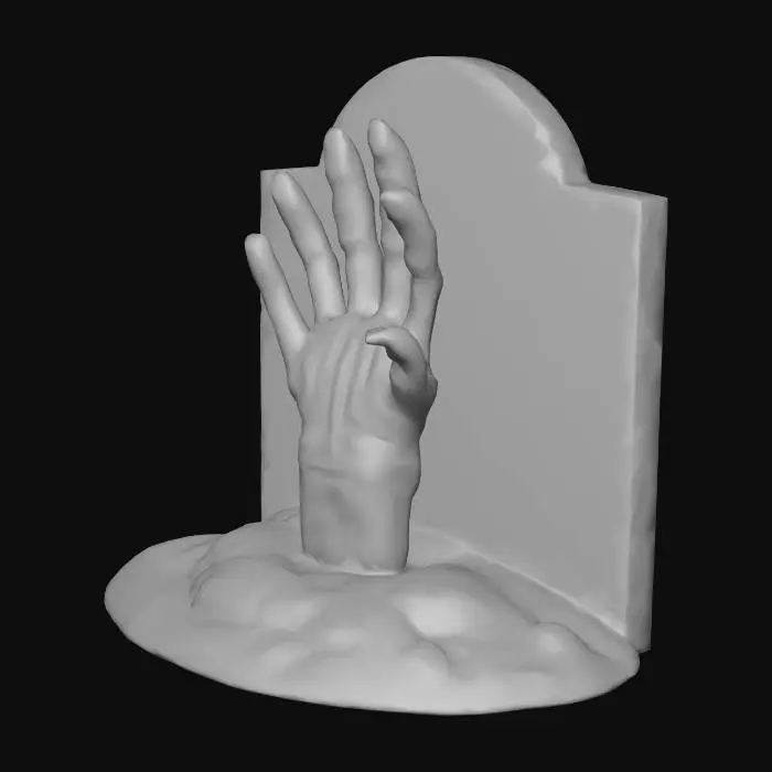 3D model for a creepy, zombie-like hand reaching up out of the ground next to a corroded, dilapidated gravestone
