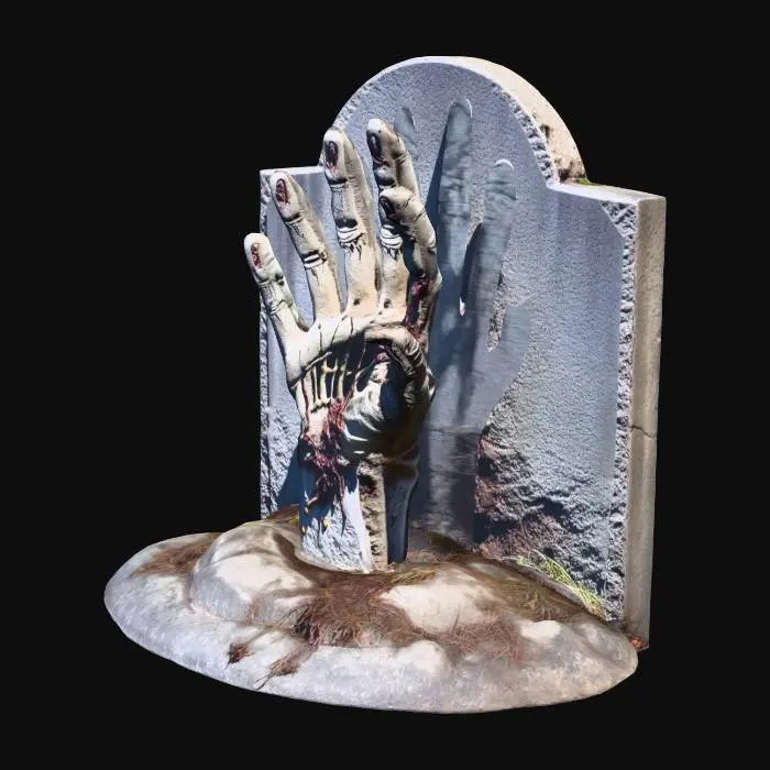 3D model for a creepy, zombie-like hand reaching up out of the ground next to a corroded, dilapidated gravestone