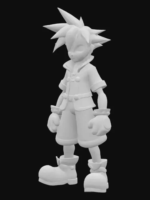 3D model for "Highly detailed 3D model of Sora from Kingdom Hearts, wearing his iconic black and red outfit with silver accents and fantasy armor-like details. Anime-styled character with spiky brown hair and blue eyes, oversized yellow shoes, gloves, and crown necklace. Stylized proportions, clean geometry, and A-pose. Front view, symmetrical design, ideal for rigging and animation."


