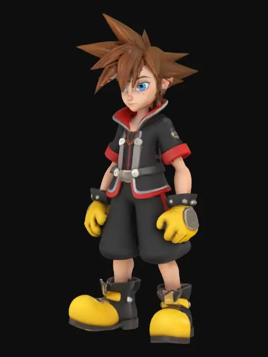 3D model for "Highly detailed 3D model of Sora from Kingdom Hearts, wearing his iconic black and red outfit with silver accents and fantasy armor-like details. Anime-styled character with spiky brown hair and blue eyes, oversized yellow shoes, gloves, and crown necklace. Stylized proportions, clean geometry, and A-pose. Front view, symmetrical design, ideal for rigging and animation."

