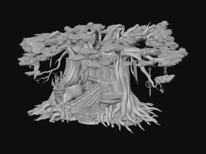 3D model for A highly detailed 3D architectural concept of a "Divine-Modern" Elvish dwelling. Exterior: A seamless fusion of organic obsidian-like roots and sleek, teal-glowing crystalline geometry. The structure is built into a massive, ancient silver-barked tree with sharp, aggressive verticality. A palette of deep blacks and metallic teals, accented by crimson ritual banners. Interior: A minimalist survivalist sanctuary. Floating translucent stairs, an open-hearth forge with red embers, and holographic teal parchment displays. Lighting is moody and cinematic, emphasizing "The dark reveals souls" philosophy with deep shadows and sharp volumetric light rays. 8k resolution, Unreal Engine 5 render style, hyper-realistic textures, intricate elven filigree.