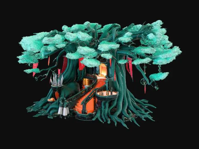 3D model for A highly detailed 3D architectural concept of a "Divine-Modern" Elvish dwelling. Exterior: A seamless fusion of organic obsidian-like roots and sleek, teal-glowing crystalline geometry. The structure is built into a massive, ancient silver-barked tree with sharp, aggressive verticality. A palette of deep blacks and metallic teals, accented by crimson ritual banners. Interior: A minimalist survivalist sanctuary. Floating translucent stairs, an open-hearth forge with red embers, and holographic teal parchment displays. Lighting is moody and cinematic, emphasizing "The dark reveals souls" philosophy with deep shadows and sharp volumetric light rays. 8k resolution, Unreal Engine 5 render style, hyper-realistic textures, intricate elven filigree.