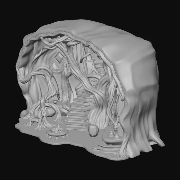 3D model for A highly detailed 3D architectural concept of a "Divine-Modern" Elvish dwelling. Exterior: A seamless fusion of organic obsidian-like roots and sleek, teal-glowing crystalline geometry. The structure is built into a massive, ancient silver-barked tree with sharp, aggressive verticality. A palette of deep blacks and metallic teals, accented by crimson ritual banners. Interior: A minimalist survivalist sanctuary. Floating translucent stairs, an open-hearth forge with red embers, and holographic teal parchment displays. Lighting is moody and cinematic, emphasizing "The dark reveals souls" philosophy with deep shadows and sharp volumetric light rays. 8k resolution, Unreal Engine 5 render style, hyper-realistic textures, intricate elven filigree.