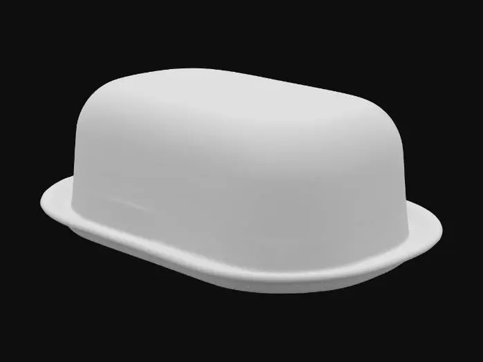 3D model for A brightly colored, oval-shaped butter dish constructed from lightweight, durable plastic. Its exterior boasts a high-gloss finish, smooth and slick to the touch, in a cheerful lemon yellow. The base is flat, designed to hold a standard butter stick, and the matching lid fits snugly over it, presenting a uniform, playful aesthetic.