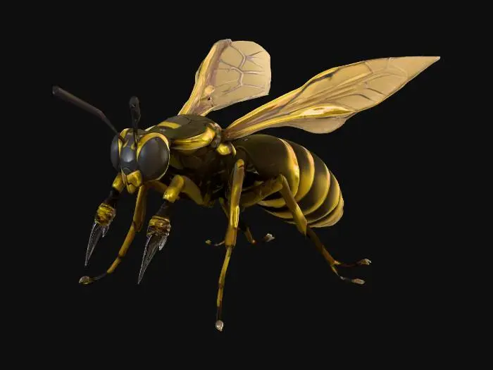 3D model for Боевой шершень в доспехах с кинжалами в лапах, крылья усилены тонкой броней. Цвета естественные для природы