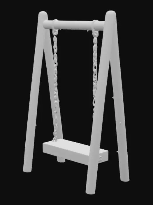 3D model for A single playground swing with one seat. The seat is a flat rectangular plank (about 2 studs wide, 1 stud thick, 4 studs long), attached with two ropes or chains to a sturdy A-frame. The frame should be around 8–10 studs tall, with angled side legs and a crossbar at the top. Keep the design low-poly and Roblox-optimized, with smooth plastic or metal for the frame and rope/chain for the swing. Colors: dark gray for the frame, brown or red for the seat. Style: simple, clean, cartoony, fitting Roblox playground aesthetics