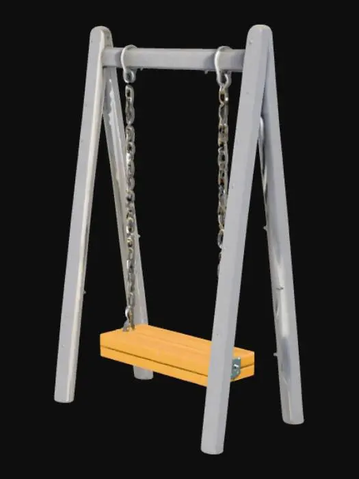 3D model for A single playground swing with one seat. The seat is a flat rectangular plank (about 2 studs wide, 1 stud thick, 4 studs long), attached with two ropes or chains to a sturdy A-frame. The frame should be around 8–10 studs tall, with angled side legs and a crossbar at the top. Keep the design low-poly and Roblox-optimized, with smooth plastic or metal for the frame and rope/chain for the swing. Colors: dark gray for the frame, brown or red for the seat. Style: simple, clean, cartoony, fitting Roblox playground aesthetics