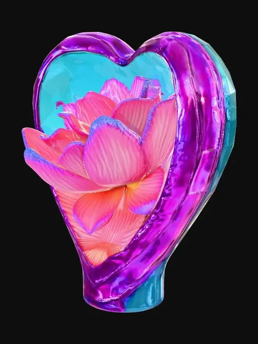 3D model for Heart-shaped glass figurine with petals inside, set in nature, fairy tale magic, diamond painting, high detail