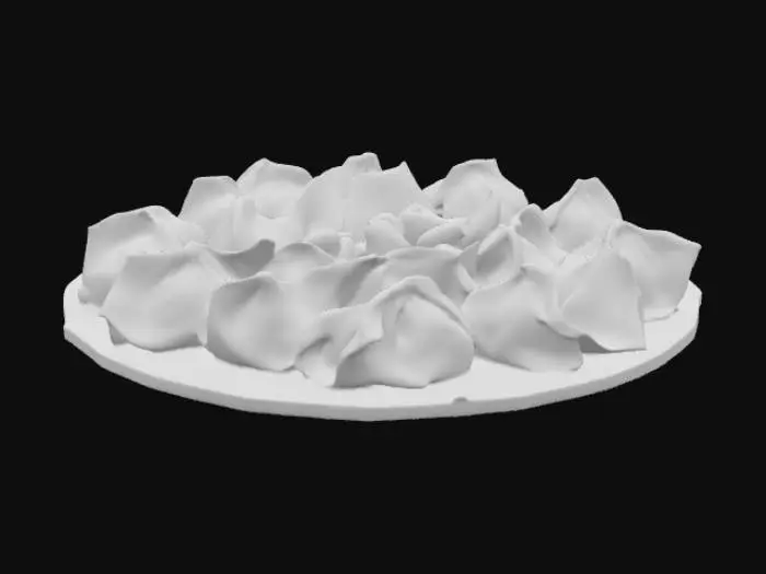 3D model for Celestial Phoenix Dumpling Platter: A spiral of translucent dumplings glowing from ember-orange to crimson, filled with spiced duck confit, chestnut purée, and fermented chili oil. Skins shimmer like phoenix feathers with gold and charcoal brushwork. Centerpiece "egg" dumpling bursts with smoky quail yolk custard. Served on black slate dusted with Sichuan pepper ash, with dry ice steam curling like wings. Plum blossom vinegar mist in a glass orb adds a final alchemical flourish. , #food#