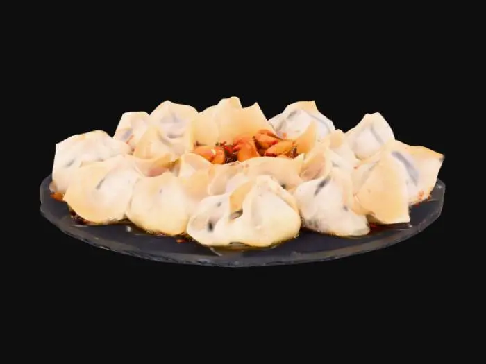 3D model for Celestial Phoenix Dumpling Platter: A spiral of translucent dumplings glowing from ember-orange to crimson, filled with spiced duck confit, chestnut purée, and fermented chili oil. Skins shimmer like phoenix feathers with gold and charcoal brushwork. Centerpiece "egg" dumpling bursts with smoky quail yolk custard. Served on black slate dusted with Sichuan pepper ash, with dry ice steam curling like wings. Plum blossom vinegar mist in a glass orb adds a final alchemical flourish. , #food#
