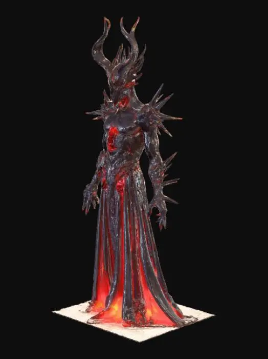 3D model for A floating, fractured obsidian crown laced with molten gold veins that drip upward, pulsing with glitching red light. Its jagged spikes twitch subtly, surrounded by a smoky halo of digital distortion. Ancient runes flicker along its rim, shifting between legible and scrambled. Symbolizing corrupted power and forbidden control, it hovers ominously, rejecting all wearers but the true villain. Designed for modular reuse in UI, lore, or narrative scenes, it blends realism, stylization, and emotional resonance into a visually arresting villain asset. , #villain#