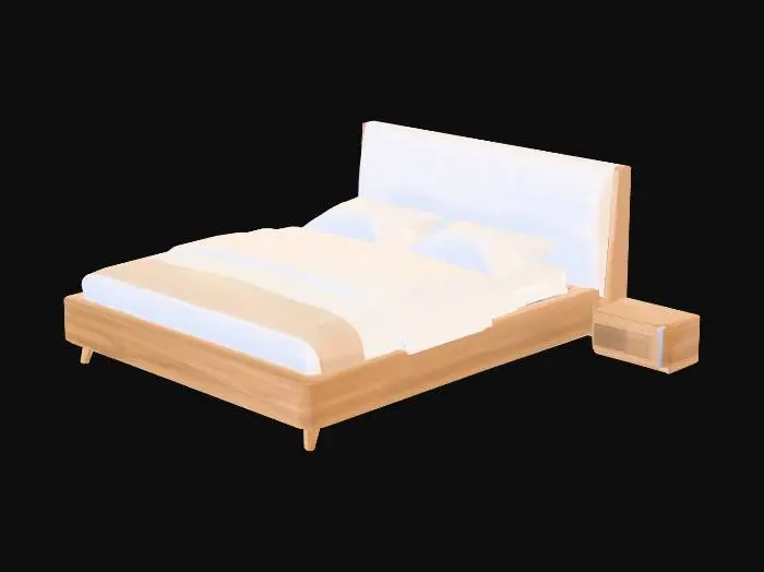 3D model for game-ready 3D资产，低面数四边面拓扑，Unity引擎适配，VRChat世界专用，8K写实PBR材质，低调浪漫意式轻奢双人床，正交正视图+45度透视双视角，纯白空背景，主体突出无杂物。
全床为规整低面数友好结构，无复杂曲面、冗余雕花、镂空爆面设计。床头为微弧形哑光奶白丝绒软包，无拉扣分段，内嵌极细哑光香槟金线性灯槽（平整结构，靠贴图实现灯效）；床架为低饱和浅胡桃哑光实木长方体，仅极细同色系金属收边；床面为高支棉柔白床品，仅带自然垂坠的极简柔褶，搭配2个同色系极简方枕，无多余被褥杂物；床脚为4个极简锥形矮脚，无特殊造型。
整体低饱和暖柔色系，主色奶白+柔棕+哑光香槟金，无高饱和撞色。柔暖落日漫射光影，无过曝死黑，丝绒绒感、实木纹理、织物肌理清晰可辨，所有质感细节靠PBR贴图实现，不额外增加几何面数，适配3D建模与烘焙，无背景杂物、多余家具摆件。