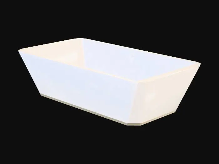 3D model for game-ready 3D资产，极致超低面数四边面拓扑，总三角面数≤1000，Unity引擎适配，VRChat世界专用，8K写实PBR材质，与同场景床品、爱心相框、双心书柜风格100%统一的低调奢华长方形浴缸，正交正视图+45度透视双视角，纯白空背景，主体突出无任何杂物。
全缸为纯规整标准长方形空心长方体几何结构，无任何倒角、曲面、外凸结构、冗余分层，所有边缘圆角、造型细节100%靠法线贴图实现，无任何会增加面数的几何设计，拓扑零压力，总面数严格可控。缸体主体为哑光暖奶白细腻微晶石材质，表面完全平整无凹凸，缸口边缘的极细哑光暖香槟金收边、缸内溢水口、下水口五金细节，全部靠PBR贴图实现，不额外增加任何几何面数；缸体底部为完全平整的隐形支撑，无外凸脚型、无多余结构。
整体低饱和暖柔色系，主色为暖奶白+哑光暖香槟金+浅暖灰，与同场景家具色调完全统一，无高饱和撞色、无冷色调。柔暖全局漫射光影，无过曝、无死黑、无强反光，石材细腻肌理、金属微拉丝质感清晰可辨，所有质感细节全靠贴图实现，适配VRChat浴室场景靠墙摆放，适配3D建模与贴图烘焙，无背景杂物、多余摆件装饰。