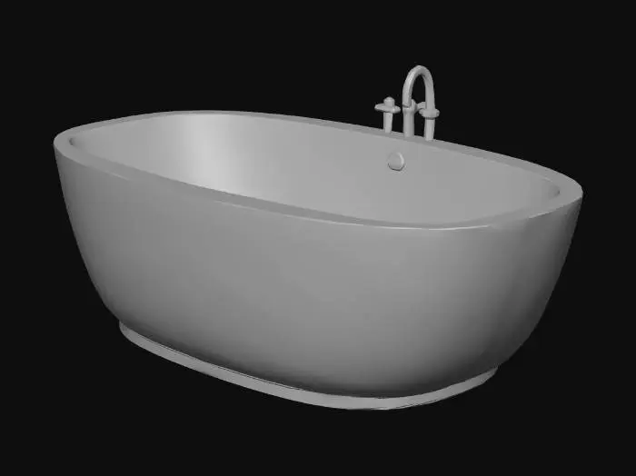 3D model for game-ready 3D资产，极致超低面数四边面拓扑，总三角面数严格≤1000，Unity引擎适配，VRChat世界专用，8K写实PBR材质，与同场景床品、爱心相框、双心书柜风格100%统一的低调浪漫奢华长方形浴缸，正交正视图+45度透视双视角，纯白空背景，主体突出无任何杂物。
全缸为纯规整标准长方形空心长方体基础几何结构，无任何额外倒角、曲面、外凸结构、冗余分层，所有边缘圆角、造型细节100%靠法线贴图实现，无任何会增加面数的几何设计，拓扑零压力，面数严格可控。
缸体主体为哑光暖奶白细腻微晶石材质，表面完全平整无凹凸；现实浴缸必备全细节100%通过高精度PBR贴图实现，不制作任何实体几何模型、不增加任何额外三角面数，包含：缸体靠墙侧的入墙式哑光暖香槟金冷热水龙头、手持花洒固定位、冷热调节开关，缸内的溢水口、下水口五金细节，全部靠贴图还原，无实体模型。
整体低饱和暖柔色系，主色为暖奶白+哑光暖香槟金+浅暖灰，与同场景家具色调完全统一，无高饱和撞色、无冷色调。柔暖全局漫射光影，无过曝、无死黑、无强反光，石材细腻肌理、金属微拉丝质感清晰可辨，所有质感、功能细节全靠贴图实现，适配VRChat浴室场景靠墙摆放，适配3D建模与贴图烘焙，无背景杂物、多余摆件装饰。