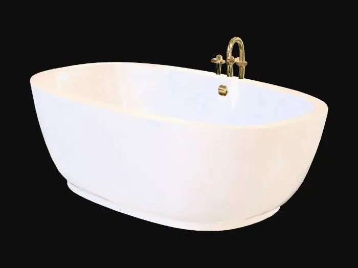 3D model for game-ready 3D资产，极致超低面数四边面拓扑，总三角面数严格≤1000，Unity引擎适配，VRChat世界专用，8K写实PBR材质，与同场景床品、爱心相框、双心书柜风格100%统一的低调浪漫奢华长方形浴缸，正交正视图+45度透视双视角，纯白空背景，主体突出无任何杂物。
全缸为纯规整标准长方形空心长方体基础几何结构，无任何额外倒角、曲面、外凸结构、冗余分层，所有边缘圆角、造型细节100%靠法线贴图实现，无任何会增加面数的几何设计，拓扑零压力，面数严格可控。
缸体主体为哑光暖奶白细腻微晶石材质，表面完全平整无凹凸；现实浴缸必备全细节100%通过高精度PBR贴图实现，不制作任何实体几何模型、不增加任何额外三角面数，包含：缸体靠墙侧的入墙式哑光暖香槟金冷热水龙头、手持花洒固定位、冷热调节开关，缸内的溢水口、下水口五金细节，全部靠贴图还原，无实体模型。
整体低饱和暖柔色系，主色为暖奶白+哑光暖香槟金+浅暖灰，与同场景家具色调完全统一，无高饱和撞色、无冷色调。柔暖全局漫射光影，无过曝、无死黑、无强反光，石材细腻肌理、金属微拉丝质感清晰可辨，所有质感、功能细节全靠贴图实现，适配VRChat浴室场景靠墙摆放，适配3D建模与贴图烘焙，无背景杂物、多余摆件装饰。