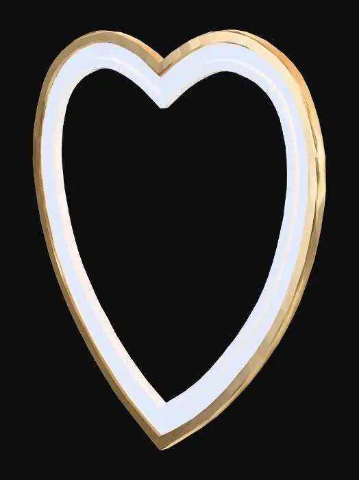 3D model for game-ready 3D资产，超低面数四边面拓扑，Unity引擎适配，VRChat世界专用，8K写实PBR材质，极简低调浪漫爱心挂墙相框，正交正视图+45度透视双视角，纯白空背景，主体突出无任何杂物。
全框为规整低面数友好结构，无复杂曲面、冗余雕花、镂空爆面设计。爱心外轮廓为极简平滑造型，边框是等宽平整的薄型立体结构，无分层凹凸、多余装饰；内层为平整爱心内槽，搭配奶白色哑光短绒衬底，无复杂结构。
整体低饱和暖柔色系，与同场景轻奢床品风格统一，主色为细腻哑光香槟金+奶白+浅柔棕，无高饱和撞色。柔暖漫射光影，无过曝无死黑，金属细腻微拉丝纹理、短绒肌理清晰可辨，所有质感细节靠PBR贴图实现，不额外增加几何面数，总面数可控制在1000三角面以内，适配墙面安装，适配3D建模与贴图烘焙，无背景杂物、多余摆件装饰。