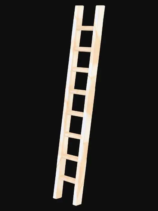 3D model for game-ready 3D资产，极致低面数四边面拓扑，总三角面数≤500，Unity引擎适配，VRChat世界专用，8K写实PBR材质，与同场景暖奶白微晶石、哑光暖香槟金轻奢风格100%统一的极简垂直直梯，正交正视图+45度透视双视角，纯白空背景，主体突出无杂物。
核心规则：全梯仅用基础长方体几何拼接，无复杂曲面、无雕花、无冗余结构，所有圆角、防滑纹理靠法线贴图实现，不额外增加面数，拓扑零压力。
梯子为垂直双竖杆直梯，2根平行的长方体竖杆为主体，中间均匀分布6-8根等距长方体横档，所有结构均为规整长方体，无倒角、无额外细分。
材质：竖杆与横档主体为和浴缸同款的哑光暖奶白微晶石材质，边缘做极细哑光暖香槟金收边，无多余装饰。整体低饱和暖柔色系，无高饱和撞色，柔暖漫射光影，无过曝无死黑，适配VRChat房间靠墙摆放，适配3D建模与烘焙。