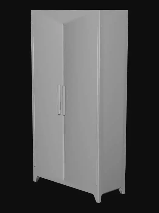 3D model for game-ready 3D资产，极致低面数四边面拓扑，总三角面数严格≤1000，Unity引擎适配，VRChat世界专用，8K写实PBR材质，暖柔浪漫低调轻奢风格，正交正视图+45度透视双视角，纯白空背景，主体突出无任何杂物。
核心强制规则：全衣柜仅用基础长方体几何拼接而成，无任何倒角、曲面、雕花、镂空、外凸结构、冗余三角面，所有圆角、纹理、装饰细节100%靠PBR贴图实现，不额外增加任何几何面数，拓扑结构极简，自带规整碰撞盒。
衣柜整体为规整标准长方体落地造型，正面为两扇完全平整的对开柜门，无外凸拉手、无复杂分层；柜体内部为2层平整水平层板，层板同样为基础长方体，无额外结构。
材质与细节：柜体主体为哑光暖调浅胡桃木材质，表面平整光滑，柜门边缘、柜体轮廓做一圈极细的哑光暖香槟金收边；柜门正面居中位置，用哑光暖香槟金绘制极简双爱心交织轮廓，轮廓内绘制「firefly & pikachu」情侣署名，无其他任何装饰图案。
整体柔和漫射光影，无过曝、无死黑、无强反光，木材细腻年轮、金属微拉丝质感清晰可辨，包含基础色、法线、粗糙度、AO完整PBR通道信息，适配3D建模与贴图烘焙，适配靠墙摆放。