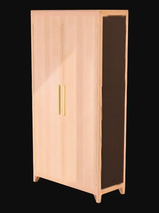 3D model for game-ready 3D资产，极致低面数四边面拓扑，总三角面数严格≤1000，Unity引擎适配，VRChat世界专用，8K写实PBR材质，暖柔浪漫低调轻奢风格，正交正视图+45度透视双视角，纯白空背景，主体突出无任何杂物。
核心强制规则：全衣柜仅用基础长方体几何拼接而成，无任何倒角、曲面、雕花、镂空、外凸结构、冗余三角面，所有圆角、纹理、装饰细节100%靠PBR贴图实现，不额外增加任何几何面数，拓扑结构极简，自带规整碰撞盒。
衣柜整体为规整标准长方体落地造型，正面为两扇完全平整的对开柜门，无外凸拉手、无复杂分层；柜体内部为2层平整水平层板，层板同样为基础长方体，无额外结构。
材质与细节：柜体主体为哑光暖调浅胡桃木材质，表面平整光滑，柜门边缘、柜体轮廓做一圈极细的哑光暖香槟金收边；柜门正面居中位置，用哑光暖香槟金绘制极简双爱心交织轮廓，轮廓内绘制「firefly & pikachu」情侣署名，无其他任何装饰图案。
整体柔和漫射光影，无过曝、无死黑、无强反光，木材细腻年轮、金属微拉丝质感清晰可辨，包含基础色、法线、粗糙度、AO完整PBR通道信息，适配3D建模与贴图烘焙，适配靠墙摆放。