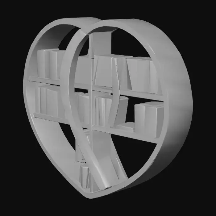 3D model for game-ready 3D资产，低面数四边面拓扑，Unity引擎适配，VRChat世界专用，8K写实PBR材质，与同场景床品、爱心相框风格统一的低调浪漫双心交织造型书柜，正交正视图+45度透视双视角，纯白空背景，主体突出无杂物。
全柜为低面数友好的特殊造型设计，双爱心交织环抱的整体轮廓，全部由规整平滑的基础几何拼接而成，无复杂曲面、冗余雕花、镂空爆面结构，面数可控无性能压力。整体以左右两颗交织相融的爱心为核心造型，左侧小爱心为3层平整开放层板，右侧大爱心为上下分区，上层开放层板、下层为平整对开柜门，无外凸复杂拉手，所有层板、边框均为极简平整立体结构，仅用极细哑光香槟金做轮廓收边，无多余装饰，总面数可控制在3000三角面以内。
开放层板上的书籍均为规整极简长方体，无复杂书脊凹凸，所有文字、纹理全靠PBR贴图实现，不额外增加面数。核心恋人专属彩蛋：C位主视觉书脊印有「firefly & pikachu」哑光烫金情侣署名，搭配同系列浪漫主题书籍《萤火落进皮卡丘的夏天》《我们的第100次日落》《藏在书页里的温柔》《二人世界建造手札》，书脊点缀极简烫金爱心、萤火简笔画彩蛋，其余书籍为同色系低饱和莫兰迪封面，仅搭配极简线条装饰，无杂乱图案。
整体低饱和暖柔色系，主色为哑光浅胡桃木色+奶白+哑光香槟金，与同场景家具风格完全统一，无高饱和撞色。柔暖漫射光影，无过曝无死黑，实木细腻年轮、金属微拉丝质感、纸张肌理清晰可辨，所有细节、装饰、彩蛋全靠贴图实现，不额外增加几何面数，适配VRChat场景靠墙摆放，适配3D建模与贴图烘焙，无背景杂物、多余摆件。