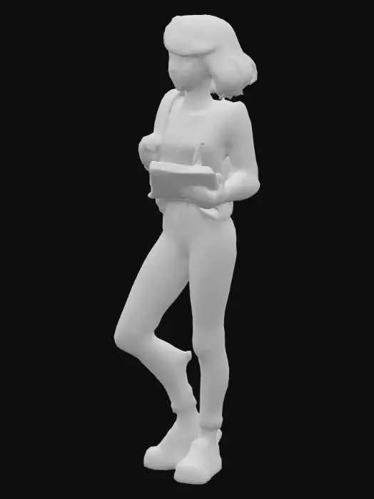 3D model for Create an anime-styled 3D female college student character for an educational AR game. Age 18-22. Outfit: casual college wear (fitted jeans, stylish top or hoodie, sneakers, backpack). Body: noticeably curvy with natural proportions — fuller hips, waist definition, bust that is prominent but realistic, smooth curves, not exaggerated. Style: polished anime look (cel-shaded), vibrant colors, mobile-optimized. Character should be confident, friendly, energetic, ready for tasks (holding notebook, pen, or tablet). Clean topology, rigged for basic animations (walk, wave, cheer). Export in FBX/GLTF for Unity/Unreal. Use Google image references of anime female students with curvy, stylish looks to guide proportions, pose, and facial expression.