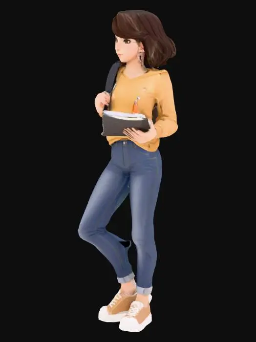 3D model for Create an anime-styled 3D female college student character for an educational AR game. Age 18-22. Outfit: casual college wear (fitted jeans, stylish top or hoodie, sneakers, backpack). Body: noticeably curvy with natural proportions — fuller hips, waist definition, bust that is prominent but realistic, smooth curves, not exaggerated. Style: polished anime look (cel-shaded), vibrant colors, mobile-optimized. Character should be confident, friendly, energetic, ready for tasks (holding notebook, pen, or tablet). Clean topology, rigged for basic animations (walk, wave, cheer). Export in FBX/GLTF for Unity/Unreal. Use Google image references of anime female students with curvy, stylish looks to guide proportions, pose, and facial expression.