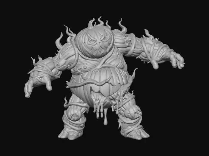 3D model for #Halloween2025#, Model of a monstrous obese fantasy pumpkin golem. jack-o-lantern head. body of bloated, broken and leaking carved pumpkins held together with thick vines. standing in a dynamic pose. simple design, full body free standing, easily transitioned to a 3d print. white background