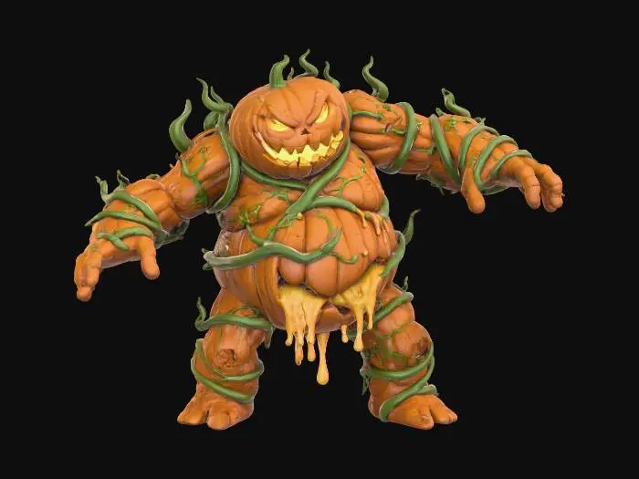 3D model for #Halloween2025#, Model of a monstrous obese fantasy pumpkin golem. jack-o-lantern head. body of bloated, broken and leaking carved pumpkins held together with thick vines. standing in a dynamic pose. simple design, full body free standing, easily transitioned to a 3d print. white background