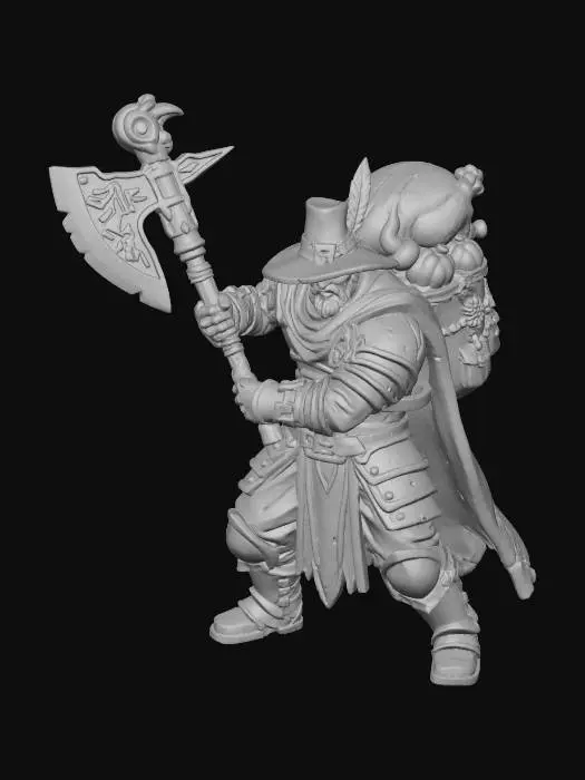 3D model for #Thanksgiving#, Model of a medieval fantasy thanksgiving pilgrim. model in a dark cell shaded art style. pilgrim in a fantasy mercenary style wielding a simple large battle axe. standing in a dynamic pose. simple design, full body free standing, easily transitioned to a 3d print. white background,