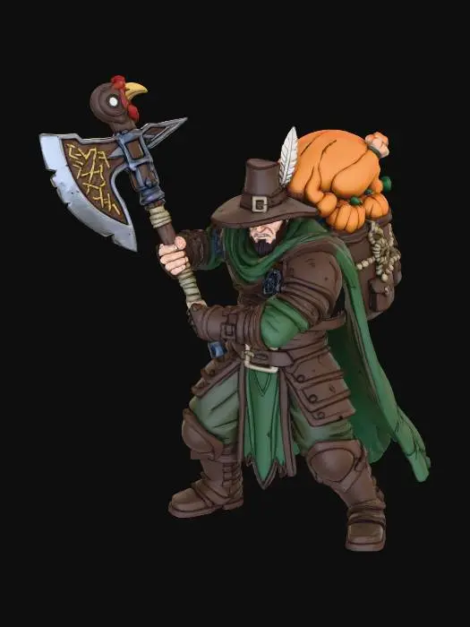 3D model for #Thanksgiving#, Model of a medieval fantasy thanksgiving pilgrim. model in a dark cell shaded art style. pilgrim in a fantasy mercenary style wielding a simple large battle axe. standing in a dynamic pose. simple design, full body free standing, easily transitioned to a 3d print. white background,