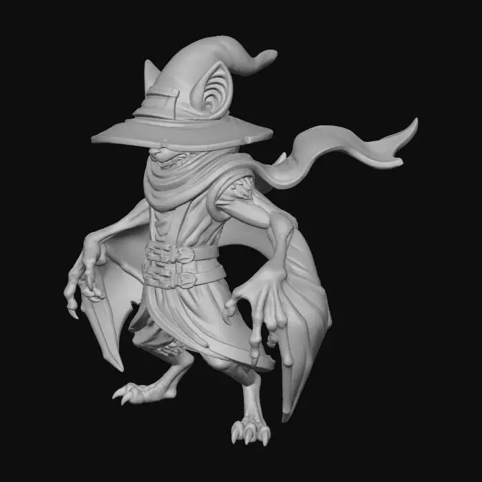 3D model for #Halloween2025#, Model of a fantasy fruit bat mage. dark, cell shaded art style. wings spanning from wrist to his sides, including functional hands. wearing sleeveless, fitted robes covering only torso and legs fastened with belts, wearing a flowing scarf and a large wide brim wizard hat. standing in a dynamic pose. simple design, full body free standing, easily transitioned to a 3d print. white background