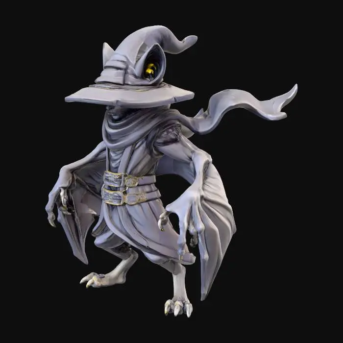 3D model for #Halloween2025#, Model of a fantasy fruit bat mage. dark, cell shaded art style. wings spanning from wrist to his sides, including functional hands. wearing sleeveless, fitted robes covering only torso and legs fastened with belts, wearing a flowing scarf and a large wide brim wizard hat. standing in a dynamic pose. simple design, full body free standing, easily transitioned to a 3d print. white background