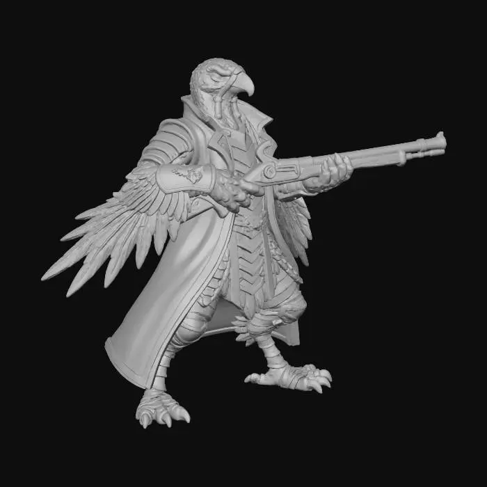 3D model for #Thanksgiving#, Model of a medieval fantasy turkey. model in a dark cell shaded art style. anthropomorphic turkey wearing sleeveless leather long jacket over witch hunters armor. revealed legs wrapped in cloth. no helmet. long wing feathers extending from under forearms and triceps. wielding a thick flintlock rifle in its wings . standing in a dynamic pose. simple design, full body free standing, easily transitioned to a 3d print. white background,
