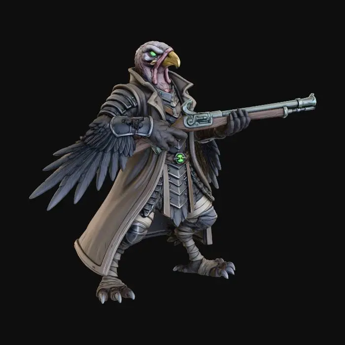 3D model for #Thanksgiving#, Model of a medieval fantasy turkey. model in a dark cell shaded art style. anthropomorphic turkey wearing sleeveless leather long jacket over witch hunters armor. revealed legs wrapped in cloth. no helmet. long wing feathers extending from under forearms and triceps. wielding a thick flintlock rifle in its wings . standing in a dynamic pose. simple design, full body free standing, easily transitioned to a 3d print. white background,