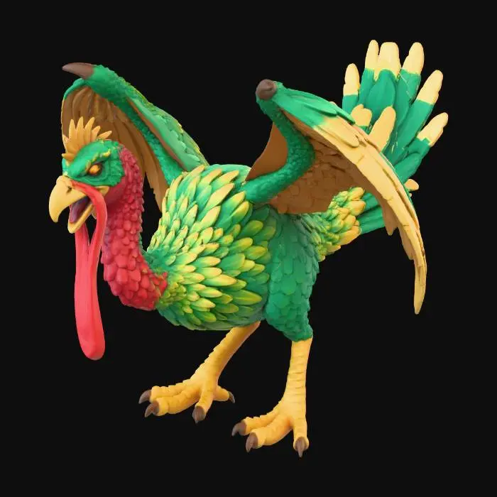 3D model for #Thanksgiving#, Model of a fantasy cockatrice. Cockatrice strongly resembling a turkey. . with a long slim body and neck and large wattle hanging from beak. standing an a dynamic aggressive stance. simple design, full body free standing, easily transitioned to a 3d print. white background,