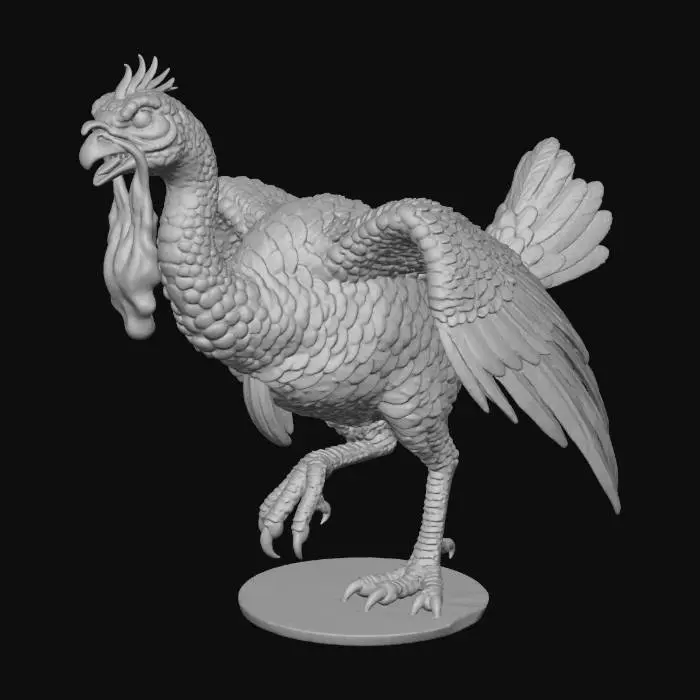 3D model for #Thanksgiving#, Model of a fantasy cockatrice. Cockatrice strongly resembling a turkey. . with a long slim body and neck and large wattle hanging from beak. standing an a dynamic aggressive stance. simple design, full body free standing, easily transitioned to a 3d print. white background,