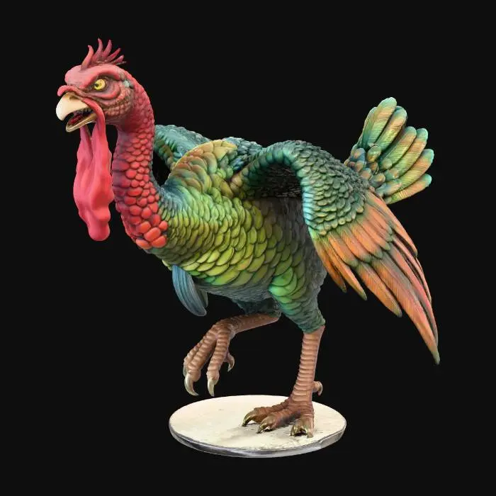 3D model for #Thanksgiving#, Model of a fantasy cockatrice. Cockatrice strongly resembling a turkey. . with a long slim body and neck and large wattle hanging from beak. standing an a dynamic aggressive stance. simple design, full body free standing, easily transitioned to a 3d print. white background,