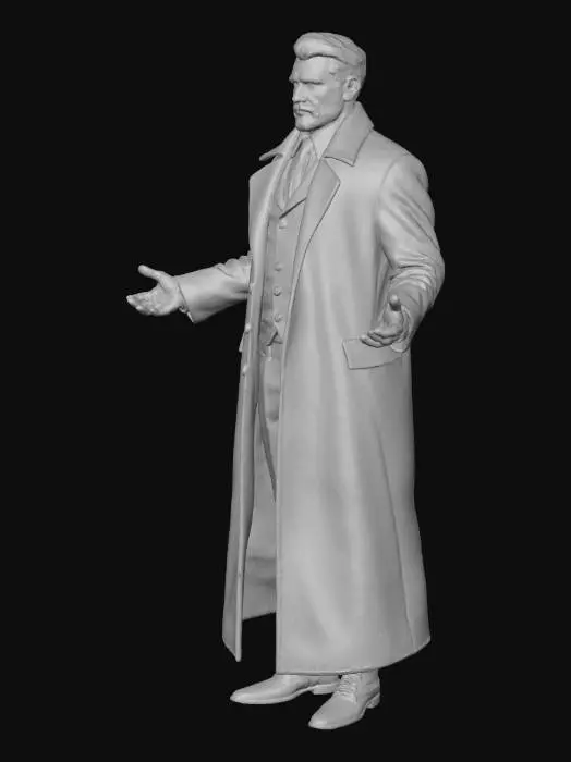3D model for A tall, confident Victorian nobleman around 40 years old, height 185 cm, athletic and well-proportioned with broad shoulders. Pale matte skin, oval face with strong cheekbones, cold gray-steel eyes, straight brows, aristocratic nose, thin defined lips, square chin. Dark brown or black hair slicked back, clean-shaven. Wears a long dark navy or graphite wool coat with a high collar and wide folds, over a matching three-piece suit and white stiff-collar shirt. Dark silk tie, leather navy gloves, polished black shoes. Silver tie pin or onyx ring. Lighting emphasizes matte textures, satin sheen, silver reflections.