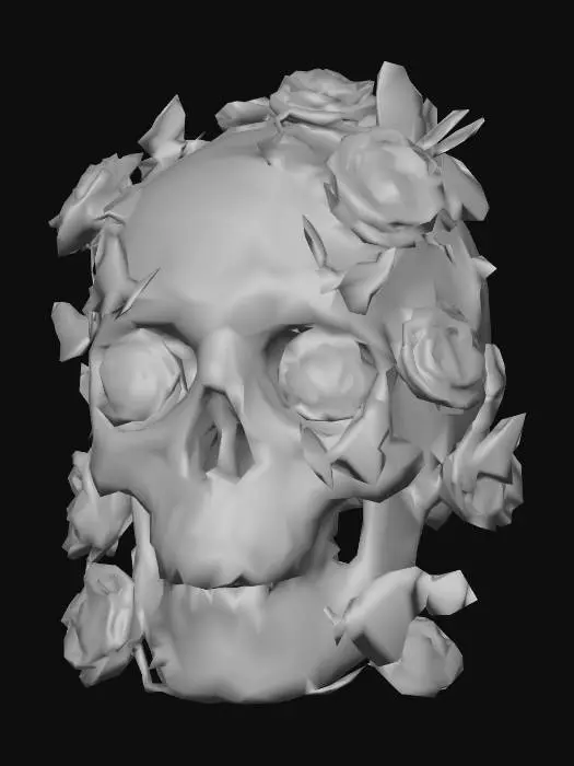3D model for A hyper-detailed gothic decorative skull made of dark stone, cracked and aged, with black roses growing from its surface and delicate metallic butterflies resting on and around it. The skull should have realistic cracks, detailed bone texture, and a slightly reflective surface. The roses must appear sculpted, matte black, slightly wilted, and integrated naturally into the skull. Butterflies should have translucent wings with silver veins. The overall design should feel dark, elegant, and melancholic, inspired by gothic horror art.