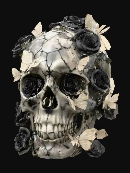 3D model for A hyper-detailed gothic decorative skull made of dark stone, cracked and aged, with black roses growing from its surface and delicate metallic butterflies resting on and around it. The skull should have realistic cracks, detailed bone texture, and a slightly reflective surface. The roses must appear sculpted, matte black, slightly wilted, and integrated naturally into the skull. Butterflies should have translucent wings with silver veins. The overall design should feel dark, elegant, and melancholic, inspired by gothic horror art.