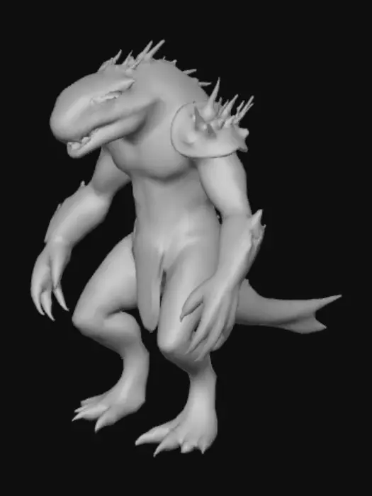 3D model for A reptilian warrior with an imposing, muscular physique and a ferocious, scaly countenance. Its tough, dark green scales, interspersed with obsidian-black plates, cover its entire body, providing a rough, armored texture. Sharp, jagged teeth protrude from a powerful jaw, complemented by menacing, glowing amber eyes. Its posture is aggressively crouched, ready to strike, with clawed hands and feet adding to its predatory appearance.