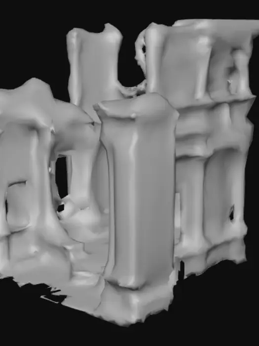 3D model for An occult temple ruins stands as a decaying monument, its massive, dark grey stone blocks crumbling and overgrown with thick, coiling vines and vibrant green moss. The rough, eroded surfaces reveal intricate, geometric carvings depicting unsettling symbols, now faded and worn by time. Partially collapsed arches and broken, imposing pillars of a cold, gritty material suggest a once grand, foreboding structure. The remaining altar-like platforms are cracked and stained, giving a sense of ancient decay and eerie desolation.