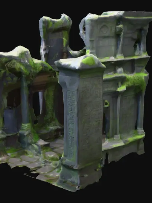 3D model for An occult temple ruins stands as a decaying monument, its massive, dark grey stone blocks crumbling and overgrown with thick, coiling vines and vibrant green moss. The rough, eroded surfaces reveal intricate, geometric carvings depicting unsettling symbols, now faded and worn by time. Partially collapsed arches and broken, imposing pillars of a cold, gritty material suggest a once grand, foreboding structure. The remaining altar-like platforms are cracked and stained, giving a sense of ancient decay and eerie desolation.