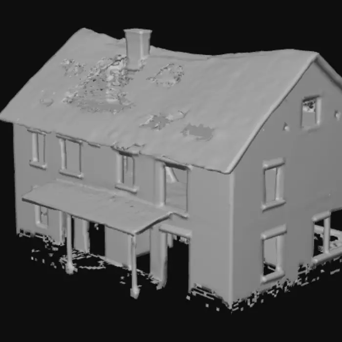 3D model for An ominously terrifying abandoned building looms with a skeletal, decaying presence, its once-grand facade now a testament to neglect. Dark, crumbling brickwork, stained with grime and damp, forms its irregular walls, giving them a rough, uneven texture. Many windows are shattered, their jagged frames like empty, staring eyes, while others are boarded with splintered, rotting wood. The roof sags precariously, covered in dead leaves and dark moss. Peeling paint and rusted metal details cling to its surface, exuding a cold, gritty atmosphere.