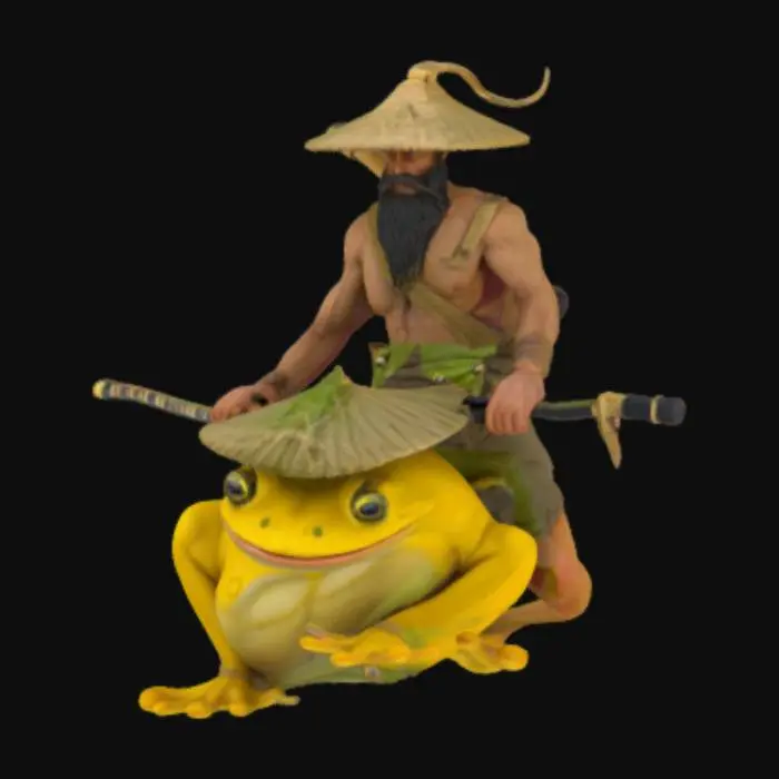 3D model for Make a filthy greek man with a beard called Oedipus who is fighting a greek frog with a katana The frog is very big and yellow and wearing a vietnamese rice farmer hat with a star of david on its back 