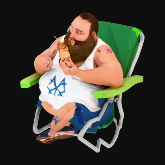 3D model for Make a morbidly obese, greasy, olive skin bearded man with a greasy white tank top with the star of david in blue on it. The man is sitting in a four-legged green deck chair eating a kebab with his mouth open in the behind him is a neon red sign that says "spanian kebabs"