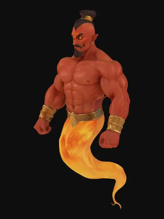 3D model for a fit muscular red skinned middle eastern themed genie with a upper body a human torso with no legs or feet and a swirling votex of flames from the waist down. realistic