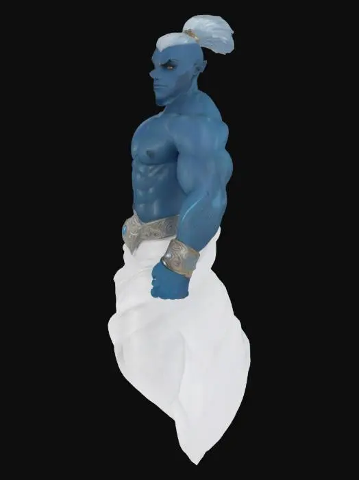 3D model for a fit muscular blue skinned middle eastern themed genie with a upper body a human torso with no legs or feet and a swirling votex of wind from the waist down. realistic