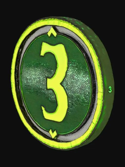 3D model for Map Marker token style, standing on it's edge like a coin. sll side symetrical, black dragon scale texture with blank areas on the sides.